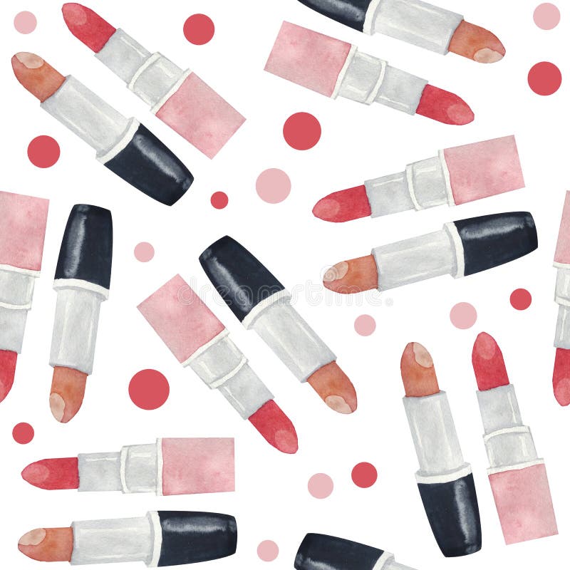 Watercolor seamless hand drawn pattern with girl woman lipsticks. Design with cosmetics, skin care, make up accessories for beauty self-care salons prints wrapping paper packaging. Pink beige black brown colors objects. Watercolor seamless hand drawn pattern with girl woman lipsticks. Design with cosmetics, skin care, make up accessories for beauty self-care salons prints wrapping paper packaging. Pink beige black brown colors objects