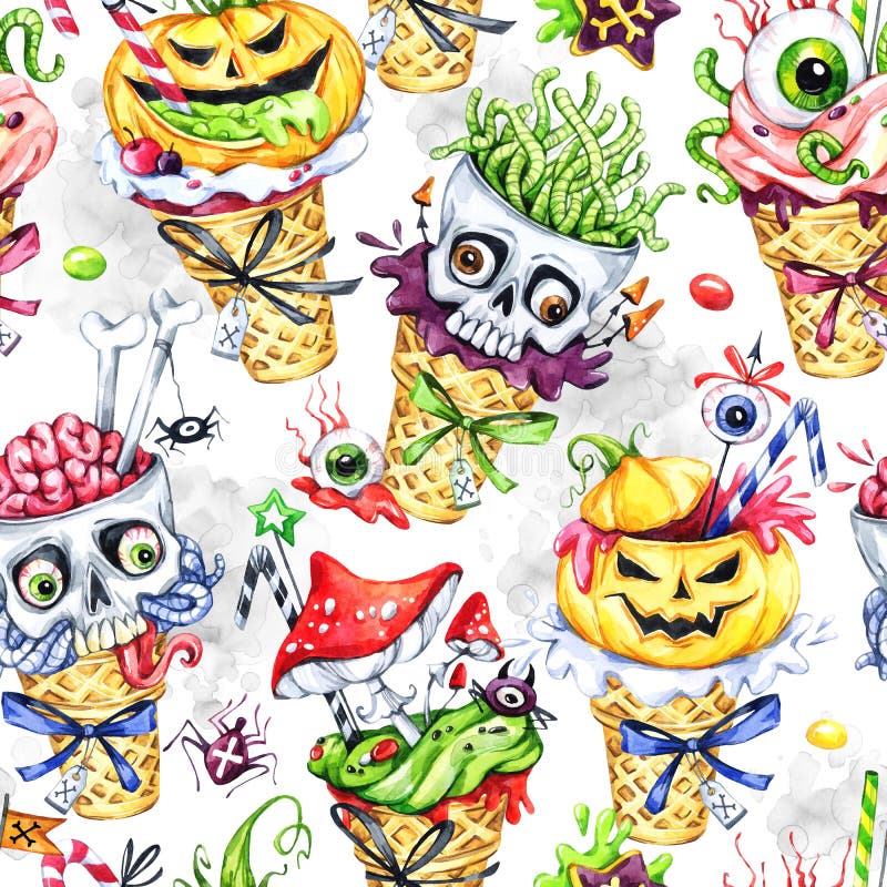 Akwarela bezszwowy wzór, kreskówka konusuje z czaszkami, baniami, oczami i amanitas, Halloweenowa wakacyjna ilustracja royalty ilustracja