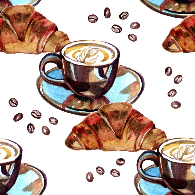 Akwarela Bezszwowy wzór - ranku croissant i kawa royalty ilustracja Akwarela Bezszwowy wzór - ranku croissant i kawa royalty ilustracja