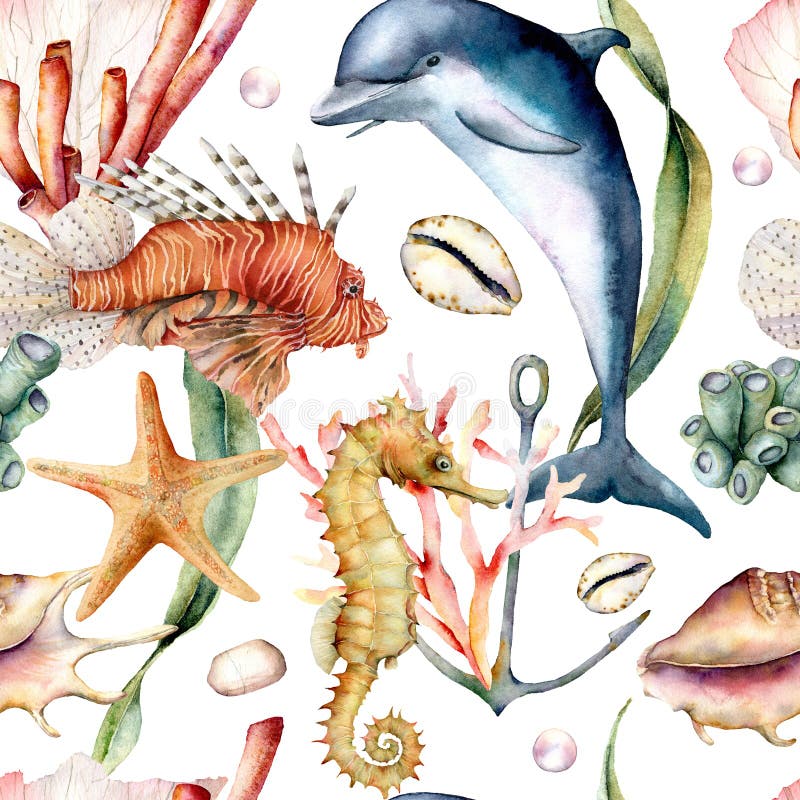 Akwarela bezszwowy wzór z zwierzętami Wręcza malującego delfinu i zakotwicza ilustrację odizolowywającą dalej, lionfish, seahorse ilustracja wektor