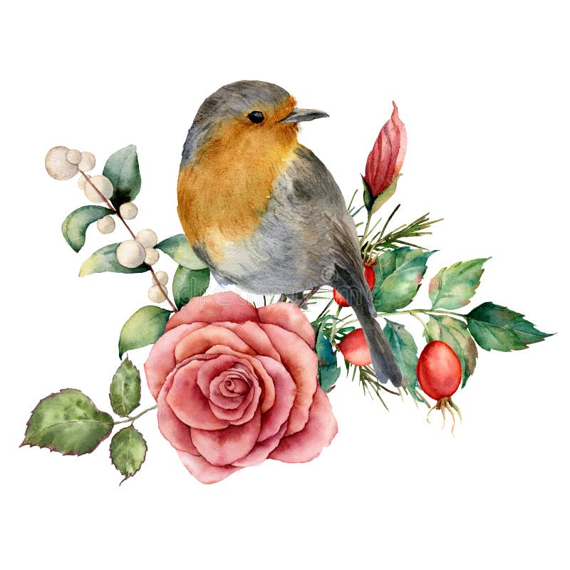 Akwarela bukiet z rudzikiem i wzrastał Ręka malująca kwiecista ilustracja z menchiami kwitnie, dogrose, snowberries, liście ilustracja wektor Akwarela bukiet z rudzikiem i wzrastał Ręka malująca kwiecista ilustracja z menchiami kwitnie, dogrose, snowberries, liście ilustracja wektor