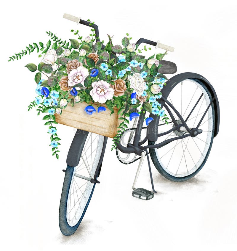 Akwarela czarny bicykl z kwiatu koszem ilustracja wektor Akwarela czarny bicykl z kwiatu koszem ilustracja wektor