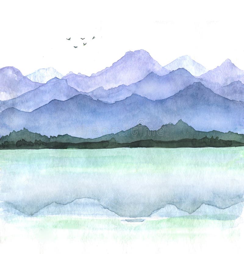 Watercolor illustration with mountains peaks, lake with reflection and flying birds over the clouds. Watercolor illustration with mountains peaks, lake with reflection and flying birds over the clouds