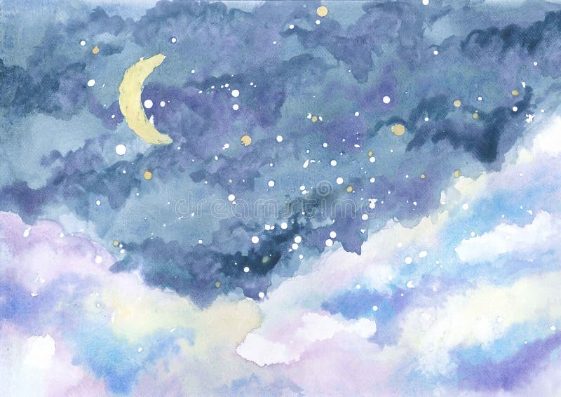 Akwarela obraz nocne niebo z półksiężyc księżyc wśród gwiazd ilustracji