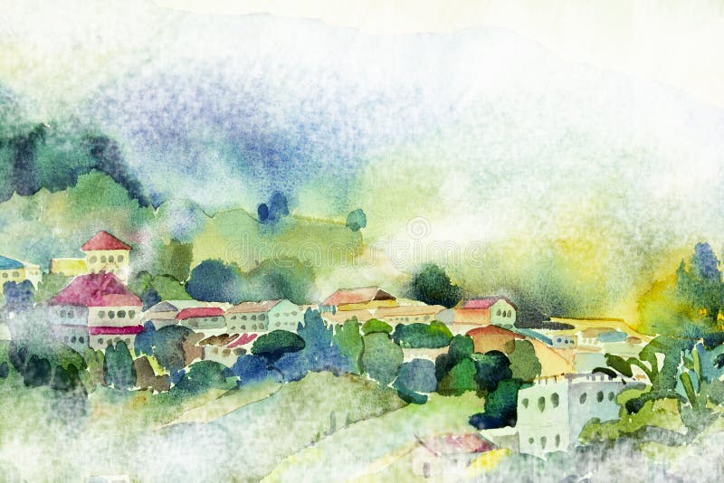 Akwarela obrazu wioski widok na wzgórze górze royalty ilustracja
