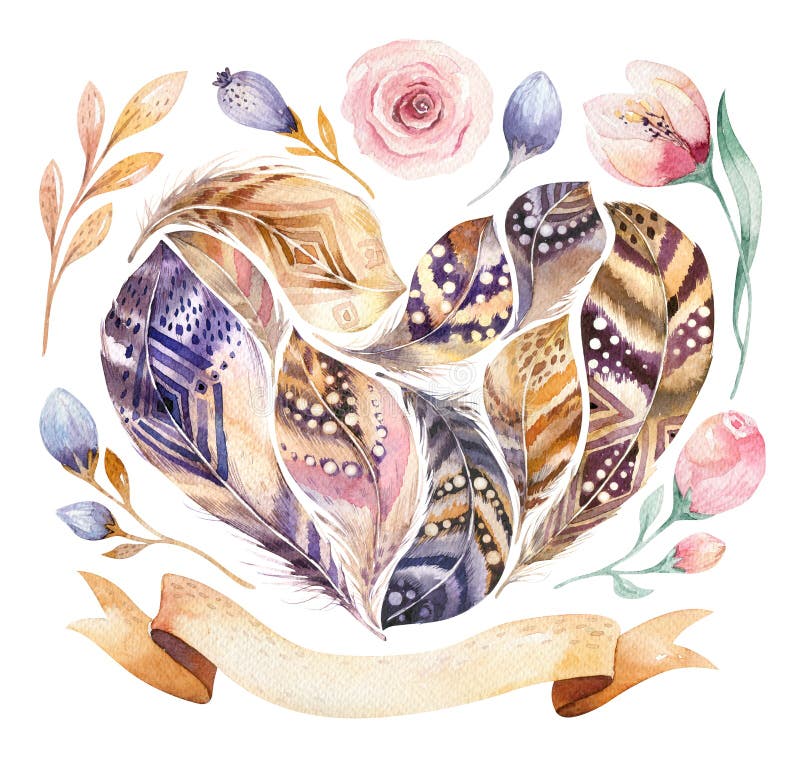 Akwarela obrazów piórka ręka rysujący wibrujący set Boho styl upierza kierowego kształt Miłości ilustracja odizolowywająca dalej royalty ilustracja