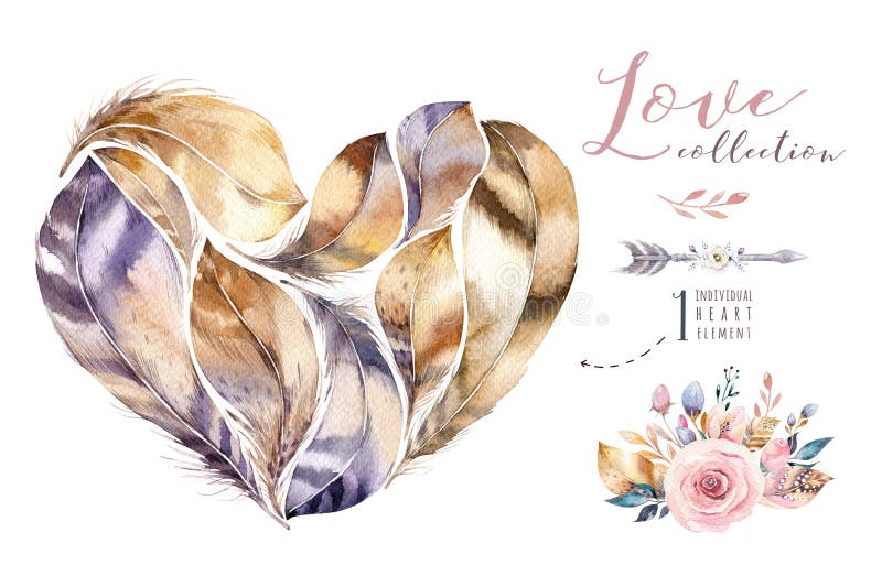 Akwarela obrazów piórka ręka rysujący wibrujący set Boho styl upierza kierowego kształt Miłości ilustracja odizolowywająca dalej royalty ilustracja