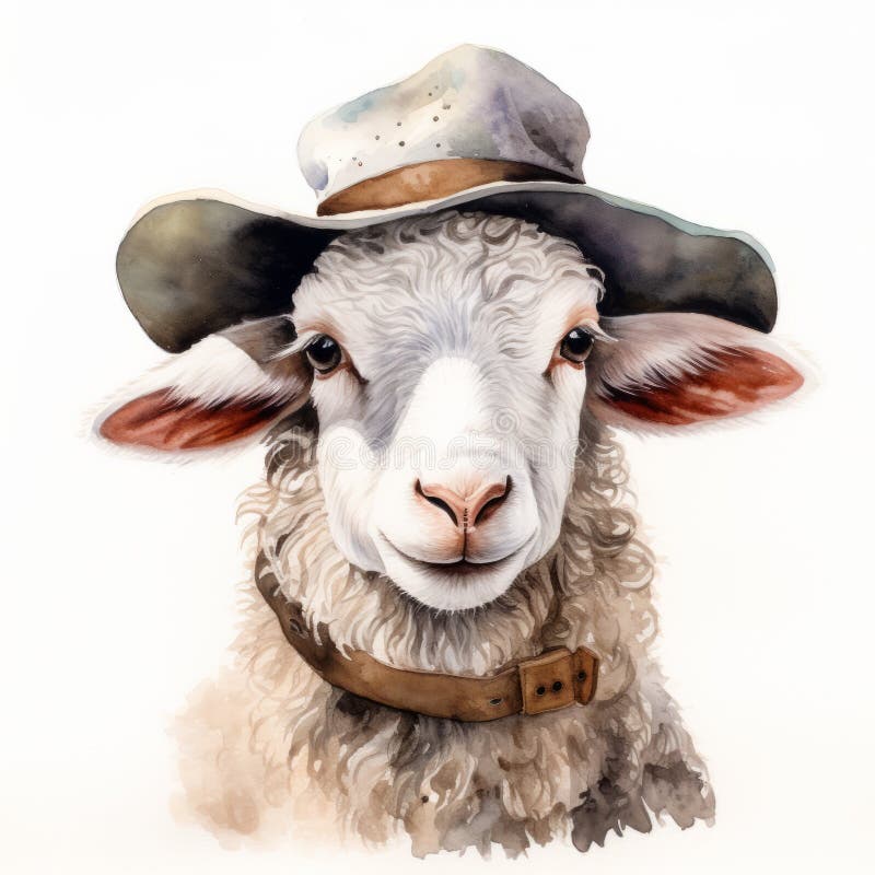 Akwarela portret wełnianej owcy w kapeluszu westernstyle ilustracja wektor