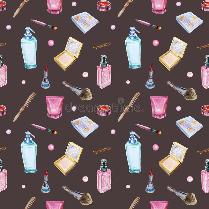 A seamless pattern with watercolor makeup and beauty items, their soft pastel hues blending seamlessly into each other on the dark brown background, creating an elegant and sophisticated composition perfect for women&#x27;s fashion or home decor. The items are depicted in the style of soft watercolors, their gentle shades flowing together against the backdrop in a manner suited for feminine fashion or interior design. A seamless pattern with watercolor makeup and beauty items, their soft pastel hues blending seamlessly into each other on the dark brown background, creating an elegant and sophisticated composition perfect for women&#x27;s fashion or home decor. The items are depicted in the style of soft watercolors, their gentle shades flowing together against the backdrop in a manner suited for feminine fashion or interior design.