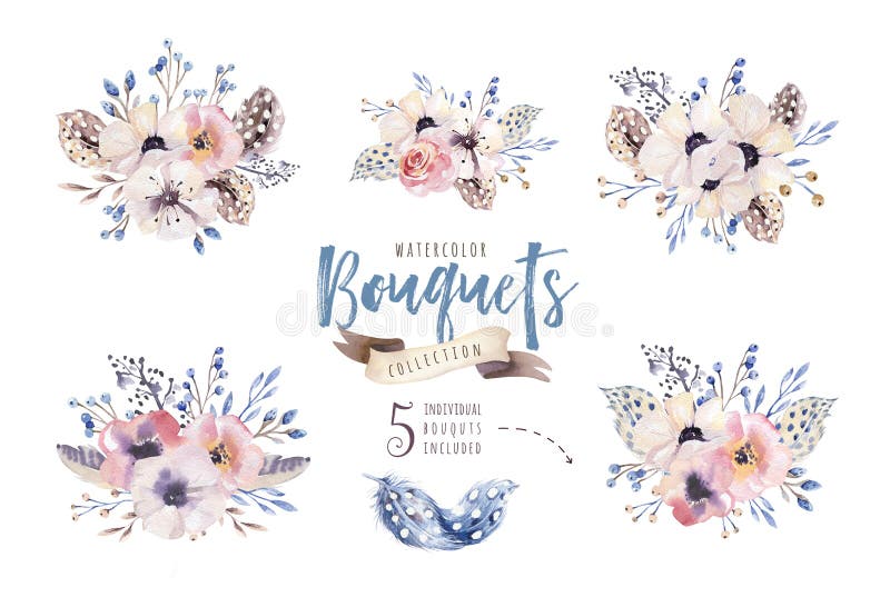 Akwareli boho kwiecista ilustracja Artystyczni kwiatów bukiety, wianki, przygotowania dla poślubiać, rocznica, urodziny ilustracja wektor Akwareli boho kwiecista ilustracja Artystyczni kwiatów bukiety, wianki, przygotowania dla poślubiać, rocznica, urodziny ilustracja wektor