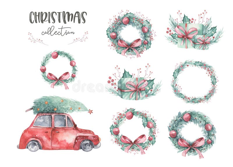 Akwareli bożych narodzeń wakacje karty transportu ilustracja Wesoło Xmas zimy drzewny projekt z wiankiem R? ka Maluj? ca obrazy stock