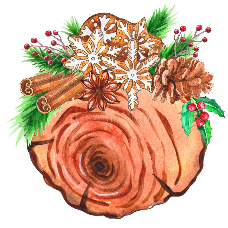 Akwareli drewna plasterki z Bożenarodzeniowym wystrojem ilustracji Akwareli drewna plasterki z Bożenarodzeniowym wystrojem ilustracji