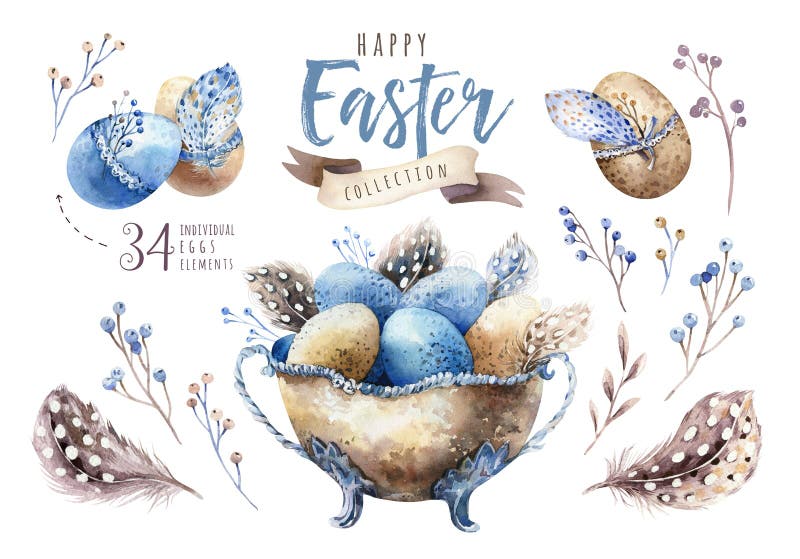 Akwareli Easter szczęśliwa wazowa ilustracja z kwiatami, piórkami i jajkami, Wiosna wakacje dekoracja Kwietnia boho projekt royalty ilustracja