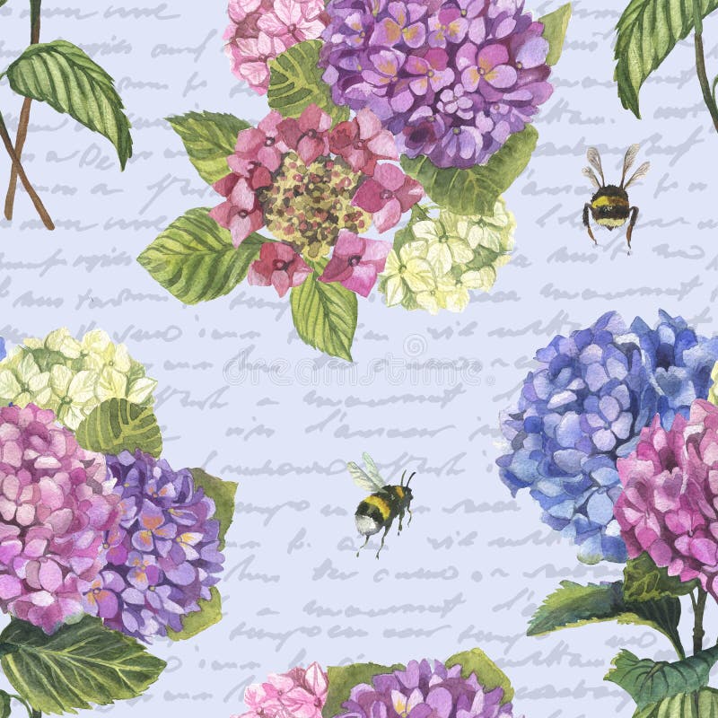 Akwareli hydragenia bezszwowy wzór z bumblebees ilustracji Akwareli hydragenia bezszwowy wzór z bumblebees ilustracji