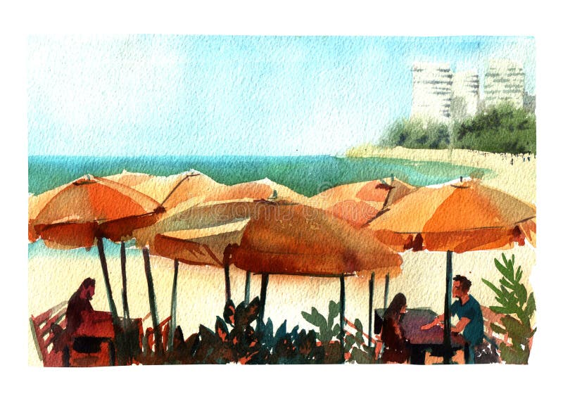 Akwareli ilustracyjna kawiarnia na dennej plaży z słońce parasoli kolorowym odosobnionym przedmiotem na białym tle dla reklamy royalty ilustracja Akwareli ilustracyjna kawiarnia na dennej plaży z słońce parasoli kolorowym odosobnionym przedmiotem na białym tle dla reklamy royalty ilustracja