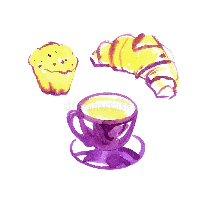 Akwareli karmowa ilustracja, mody nakreślenie, raster rysunek Piekarni świeży croissant Filiżanki kawy capuccino kawa espresso royalty ilustracja Akwareli karmowa ilustracja, mody nakreślenie, raster rysunek Piekarni świeży croissant Filiżanki kawy capuccino kawa espresso royalty ilustracja