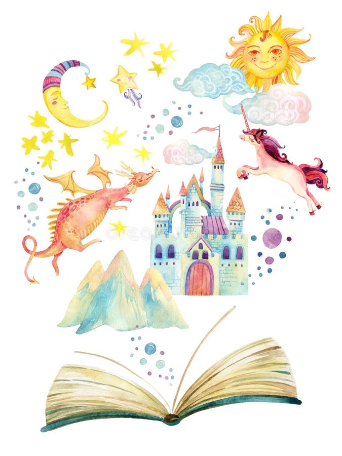 Akwareli otwarta książka z magicznym światem odizolowywającym na białym tle royalty ilustracja