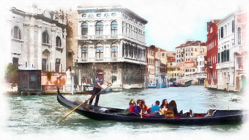 Akwareli stylizacyjny wideo gondola w kanale w Wenecja, Włochy
