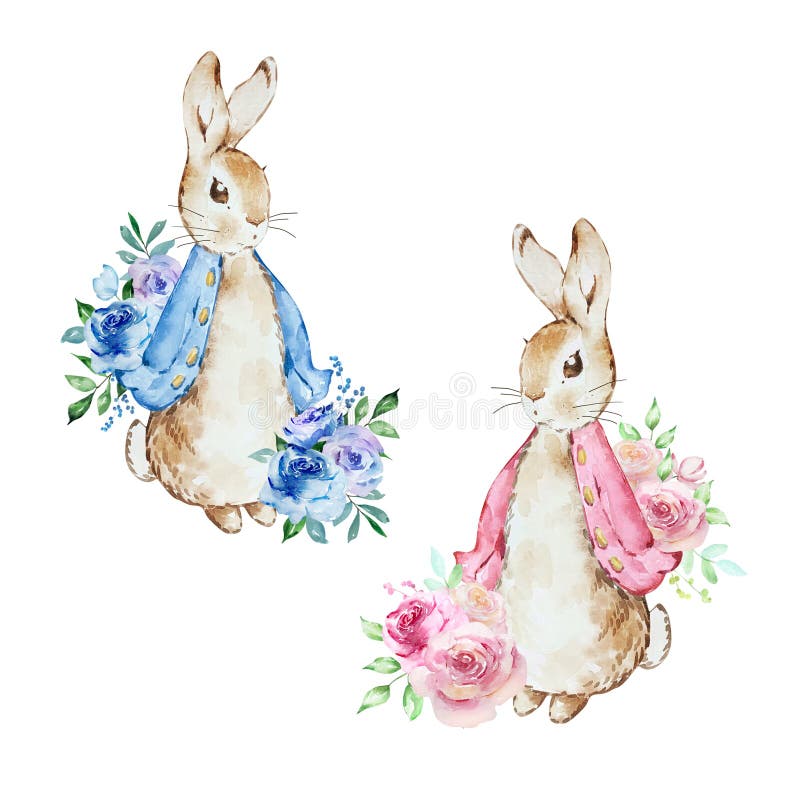 Akwarelowa ilustracja królików z bukietami kwiatów ilustracji