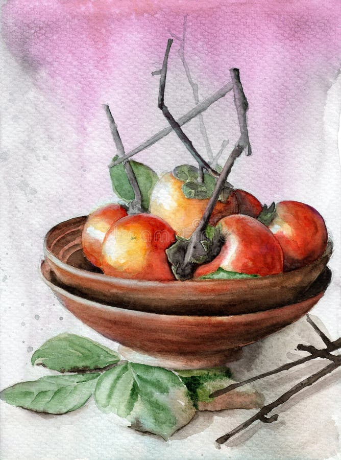 Akwarelowa ilustracja z miską glinową z dojrzałych żółtych persymonów ilustracja wektor