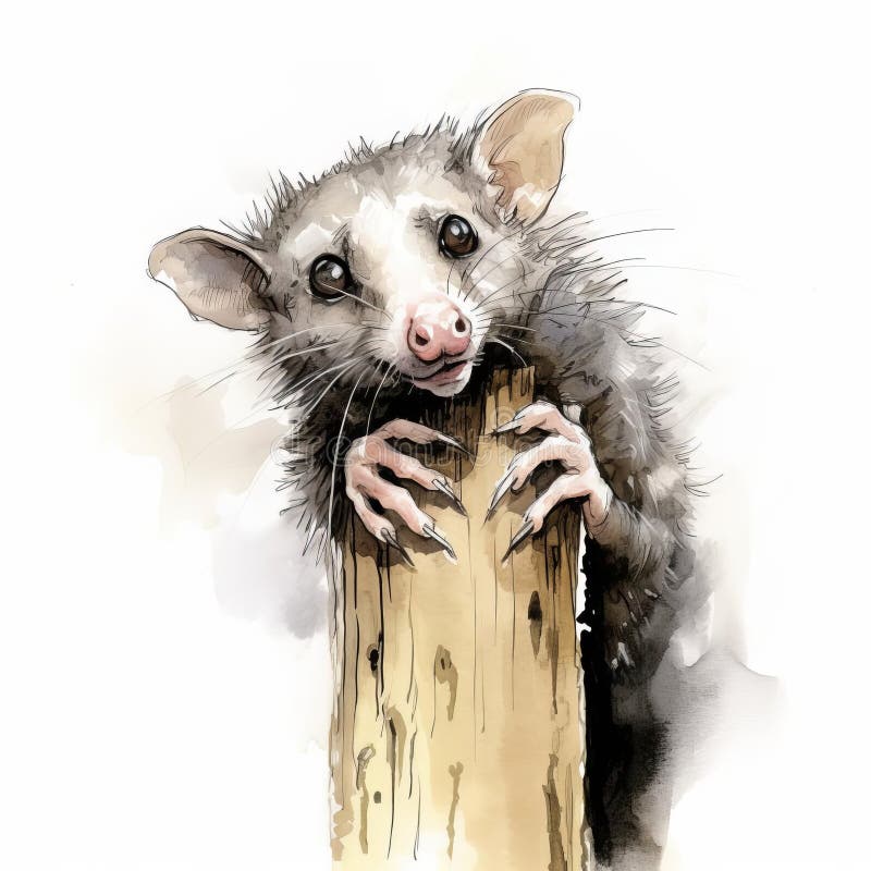 Akwarelowo Portret Opossum O Wyjątkowych Cechach. Opossum nocturnal marsupial pochodzący z ameryk jest pięknie uchwycony w tym szczegółowym szkicu pokazującym jego wycelowany kubek bez włosów, niezrozumiałe sierść ogonowa i szaryshwhite futer podkreślającym jego wyjątkowe cechy i adaptacje do środowiska naturalnego w naturalnym środowisku. wygenerowane przez ai