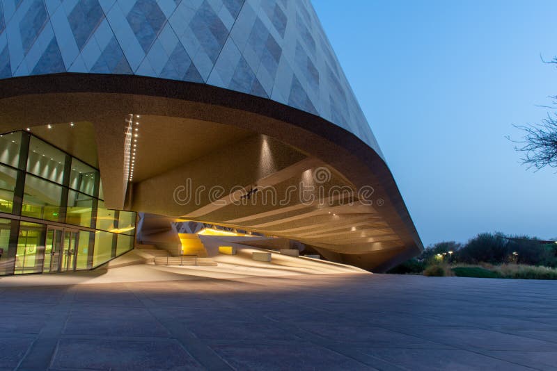 The Al Ain Zoo Sheikh Zayed Center for education and research at night glowing modern achitecture