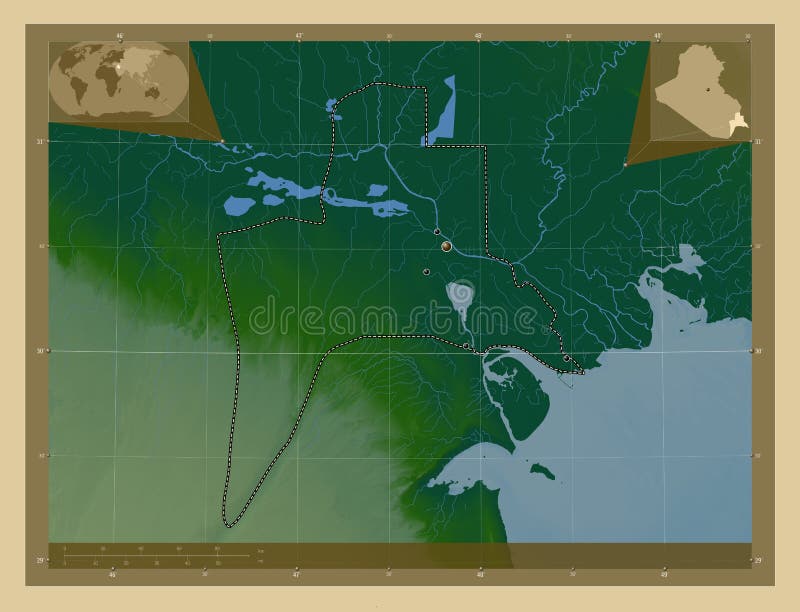Al Basrah Province Iraq Colored Elevation Map Lakes Rivers Locations Major Cities Region Corner Auxiliary Location 258553127 