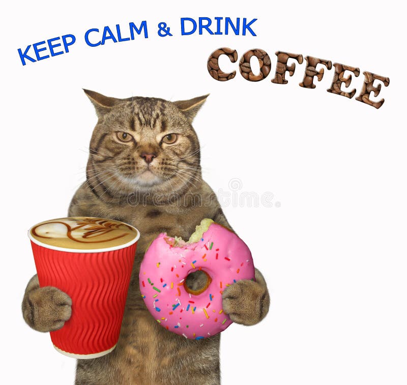 The beige cat is holding a red paper cup of black coffee and a pink bitten donut. Keep calm and drink coffee. White background. Isolated. The beige cat is holding a red paper cup of black coffee and a pink bitten donut. Keep calm and drink coffee. White background. Isolated