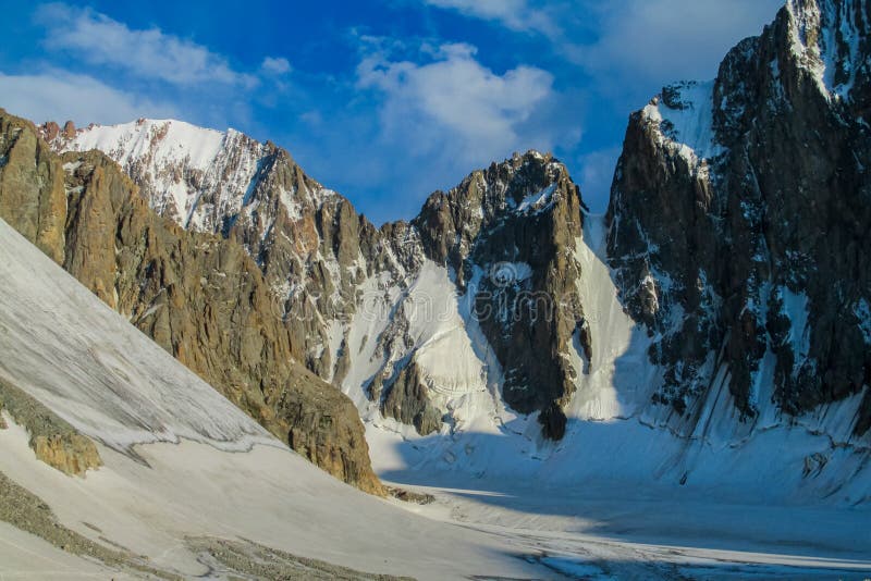 Ala Archa high mountain snow and glacier ice in Tian Shan, Free Korea peak