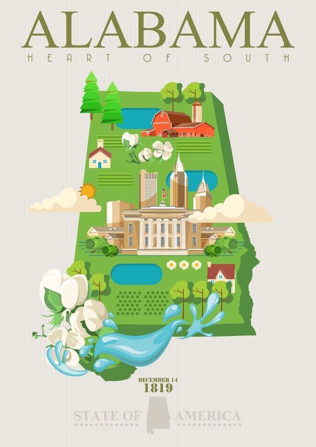 Alabama podróży amerykański plakat Serce południe karta ilustracji Alabama podróży amerykański plakat Serce południe karta ilustracji