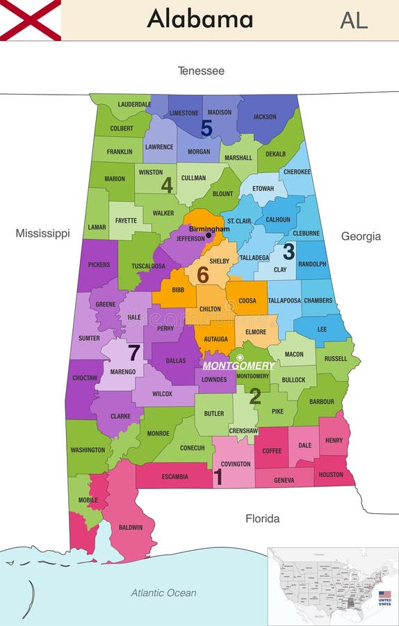 Alabama State Map with Counties Borders and Colored Congressional Districts Boundaries Stock