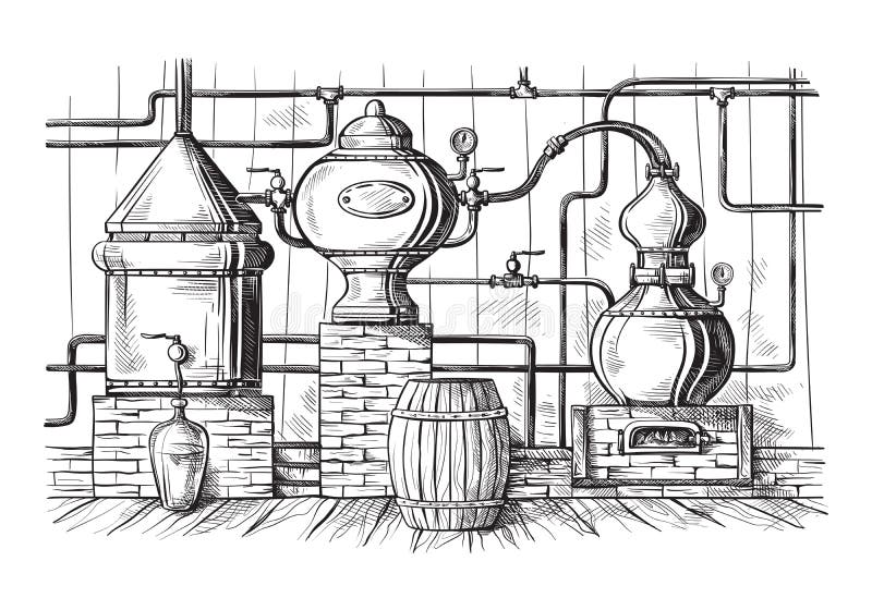 Alambic toujours pour préparer l'alcool à l'intérieur du croquis de distillerie