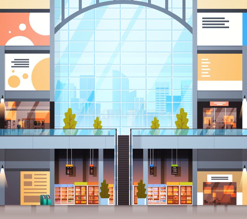 Alameda de compras interior moderna de la tienda al por menor sin gente ilustración del vector Alameda de compras interior moderna de la tienda al por menor sin gente ilustración del vector
