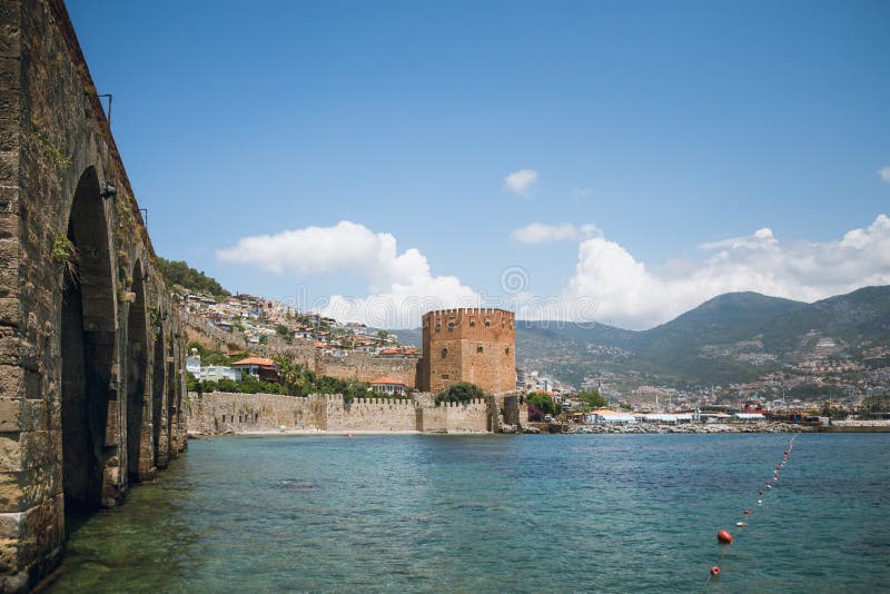 Alanya medieval castle which includes Red Tower Shipyard by sea