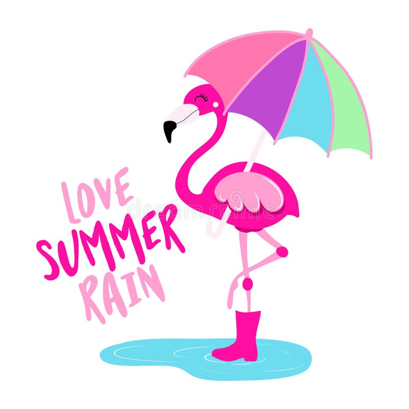 Love summer rain - Motivational quotes. Hand painted brush lettering with flamingo