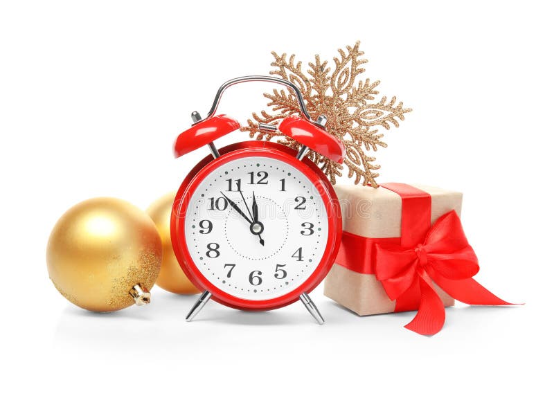 Alarm Clock, Gift And Decor On White Background. Christmas Countdown ...