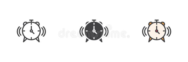 Ringing alarm clock different style icon set. Line, glyph and filled outline colorful version, outline and solid vector sign. Wake-up symbol, vector pack for time reminders. Pack up time vectors