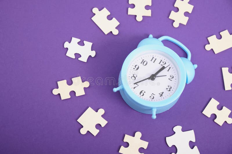 Alarm Clock and Puzzles on Purple Background, Puzzle Pieces and Clock