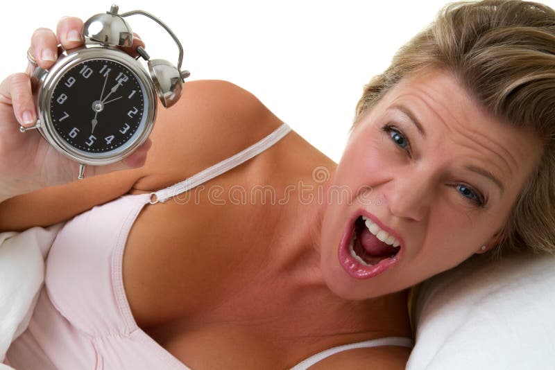 Screaming woman holding alarm clock. Screaming woman holding alarm clock