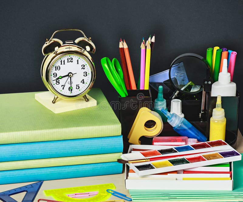 Alarm Clocks and School Supplies Stock Photo Image of blackboard