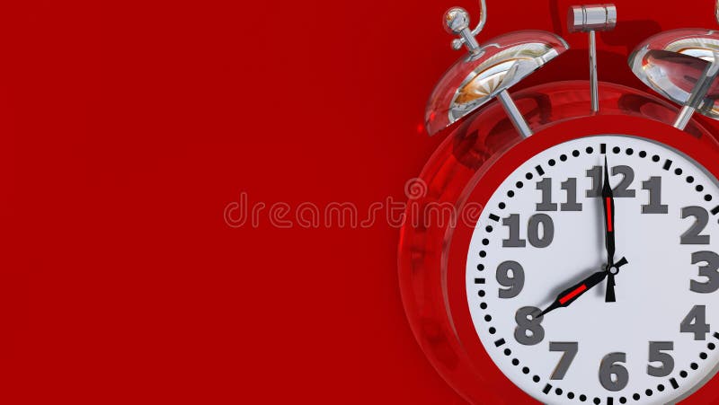 Clock red 8 o`clock alarm morning evening retro - 3d rendering. Clock red 8 o`clock alarm morning evening retro - 3d rendering