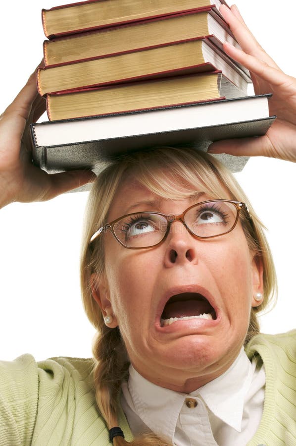 Alarmed Woman Under Stack of Books on Head