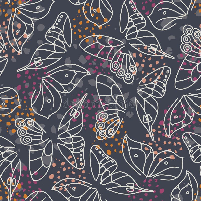 Alas blancas abstractas de la mariposa en fondo gris oscuro con el modelo inconsútil del vector colorido de los acentos Textura e libre illustration