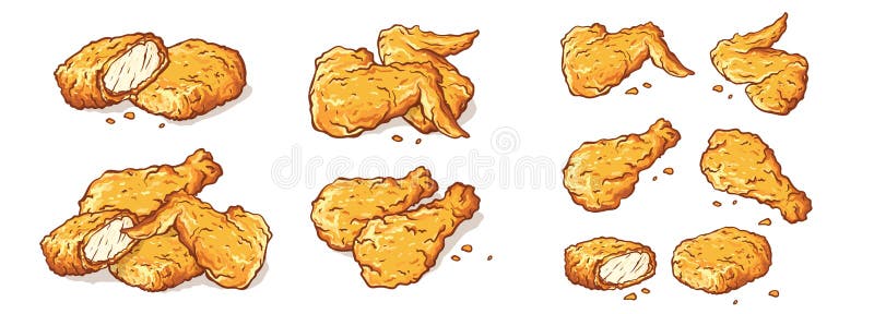 Alas y pepitas Fried Chicken Isolated Set de la pierna stock de ilustración