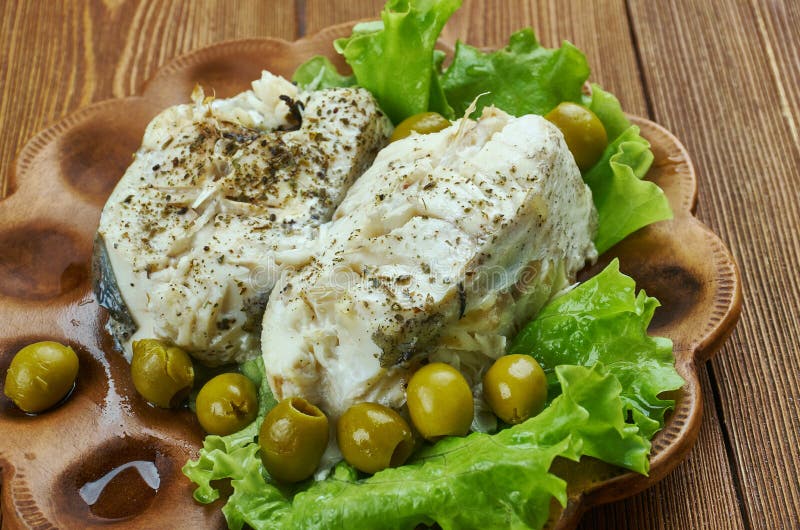 Alaskan Cod with Fennel, Olives stock image