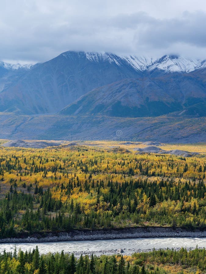 Alaskan forest and mountains in autumn stock photos