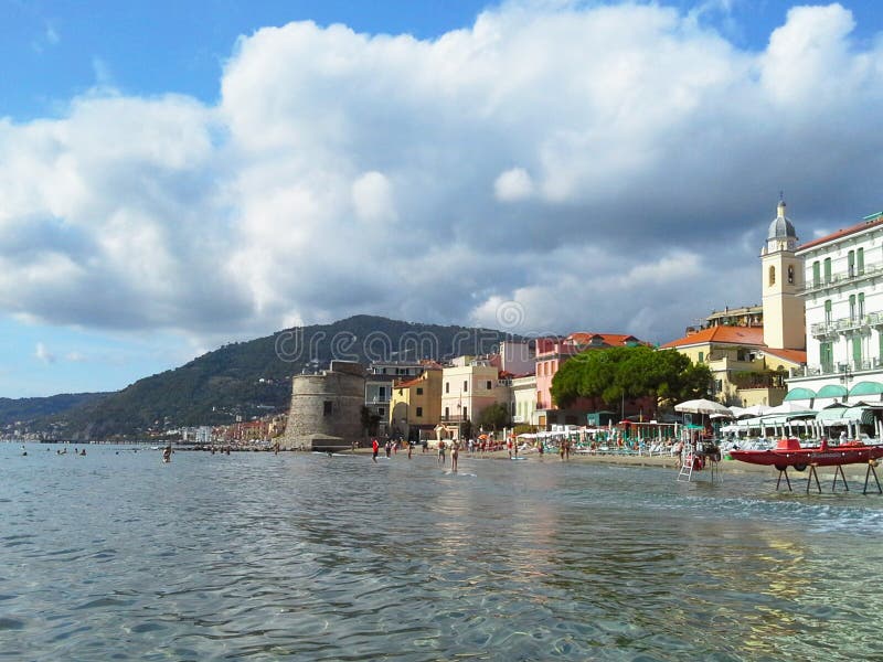 ALASSIO, SAVONA, ITALY - SEPTEMBER 2017: Famous tourist resort in west Ligurian Riviera, region San Remo, Cote d`Azur, Italy. ALASSIO, SAVONA, ITALY - SEPTEMBER 2017: Famous tourist resort in west Ligurian Riviera, region San Remo, Cote d`Azur, Italy