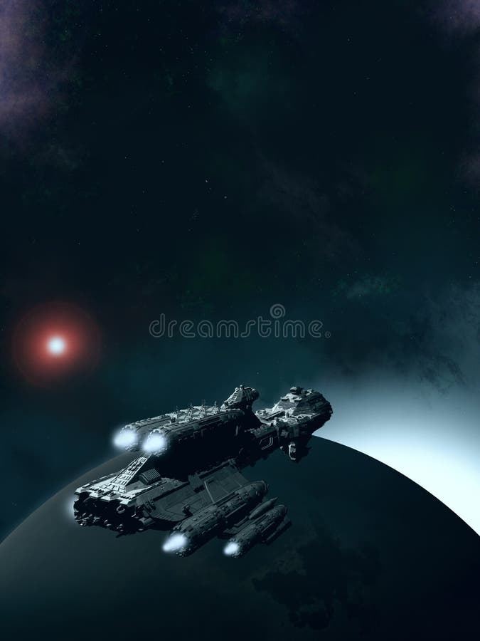 Science fiction scene of a spaceship in orbit around an earthlike planet with the sun rising, 3d digitally rendered illustration. Science fiction scene of a spaceship in orbit around an earthlike planet with the sun rising, 3d digitally rendered illustration