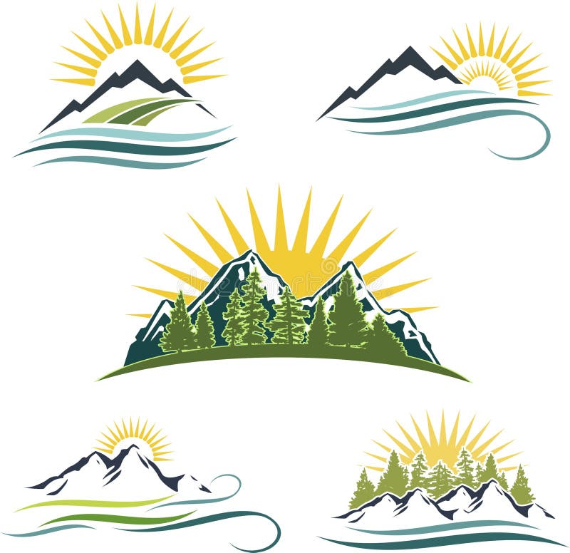 Alba della montagna, insieme dell'icona della natura illustrazione di stock Alba della montagna, insieme dell'icona della natura illustrazione di stock