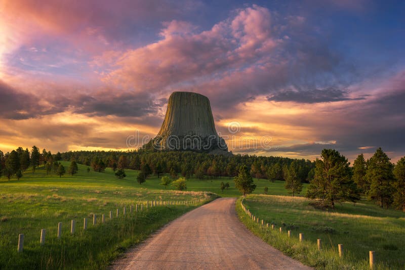 Warm sunset light filters across a meadow and gravel road below the Devils Tower Monument in Wyoming. Warm sunset light filters across a meadow and gravel road below the Devils Tower Monument in Wyoming